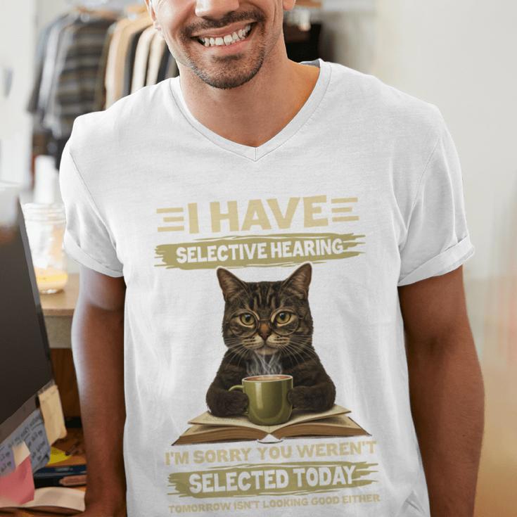 i Have Selective Hearing Cat Coffee Books Retro Men's V-Neck T-Shirt