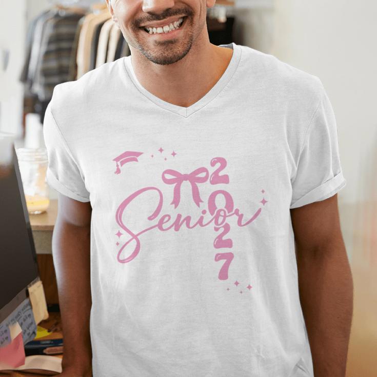 Senior 2027 Class Of 2027 Coquette Pink Bow Graduation 2027 Premium Tri-Blend Men's V-Neck T-Shirt