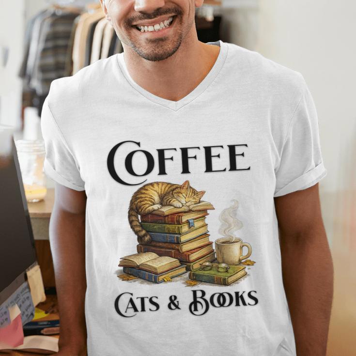 Sleeping Cat And Books With Coffee Lover Men's V-Neck T-Shirt Sleeping Cat And Books With Coffee Lover Men's V-Neck T-Shirt