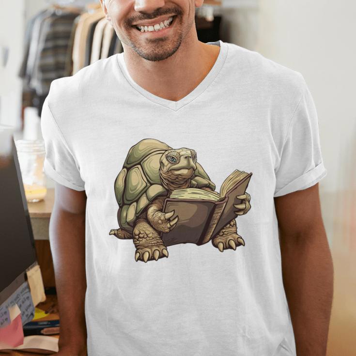 Sulcata Tortoise Reading A Book Men's V-Neck T-Shirt