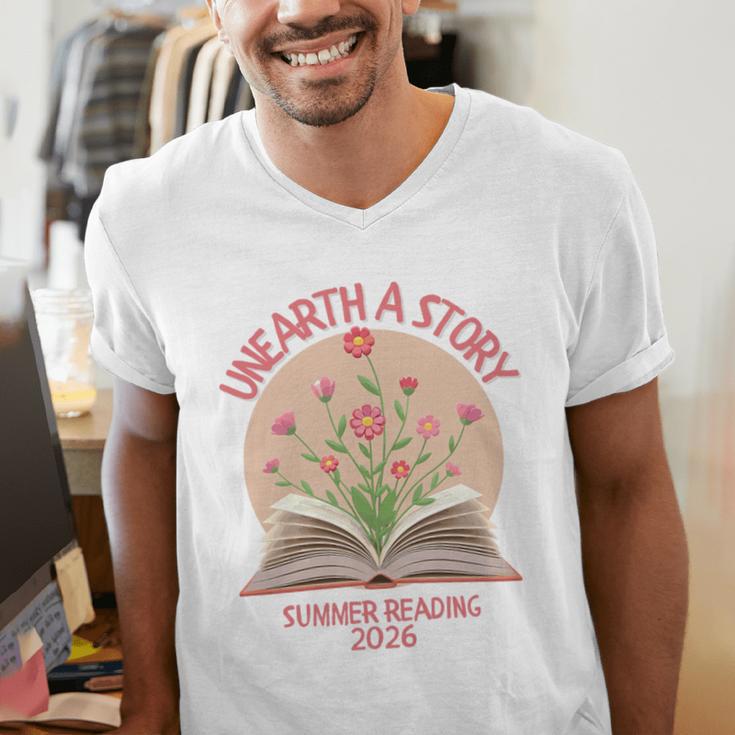 Unearth a Story 2026 Summer Reading Program Flowers Book Premium Tri-Blend Men's V-Neck T-Shirt