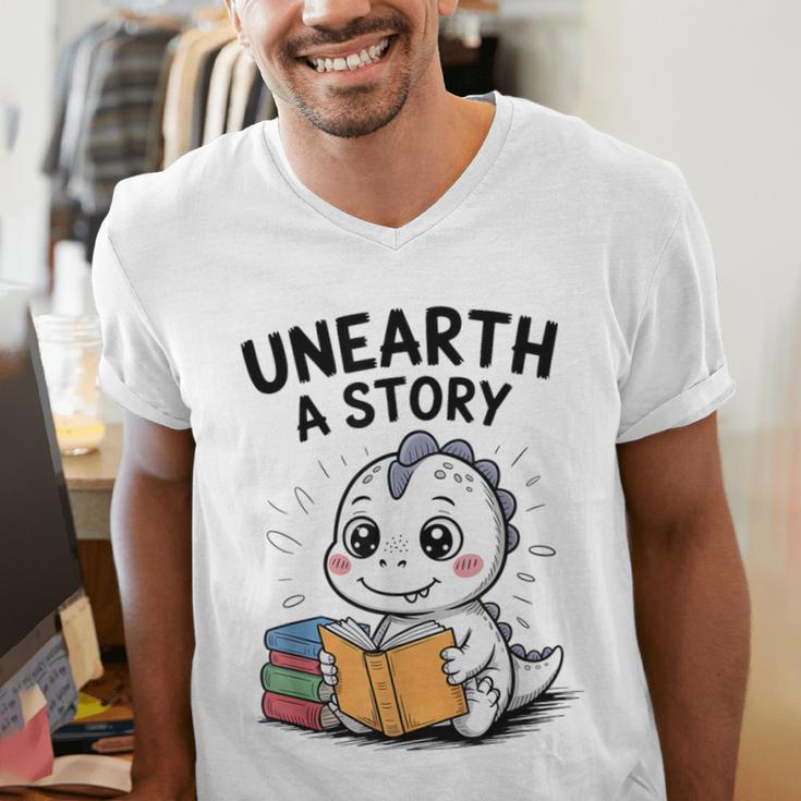 Unearth a Story Cute Dinosaur Summer Reading 2026 Dino Book Men's V-Neck T-Shirt Unearth a Story Cute Dinosaur Summer Reading 2026 Dino Book Men's V-Neck T-Shirt