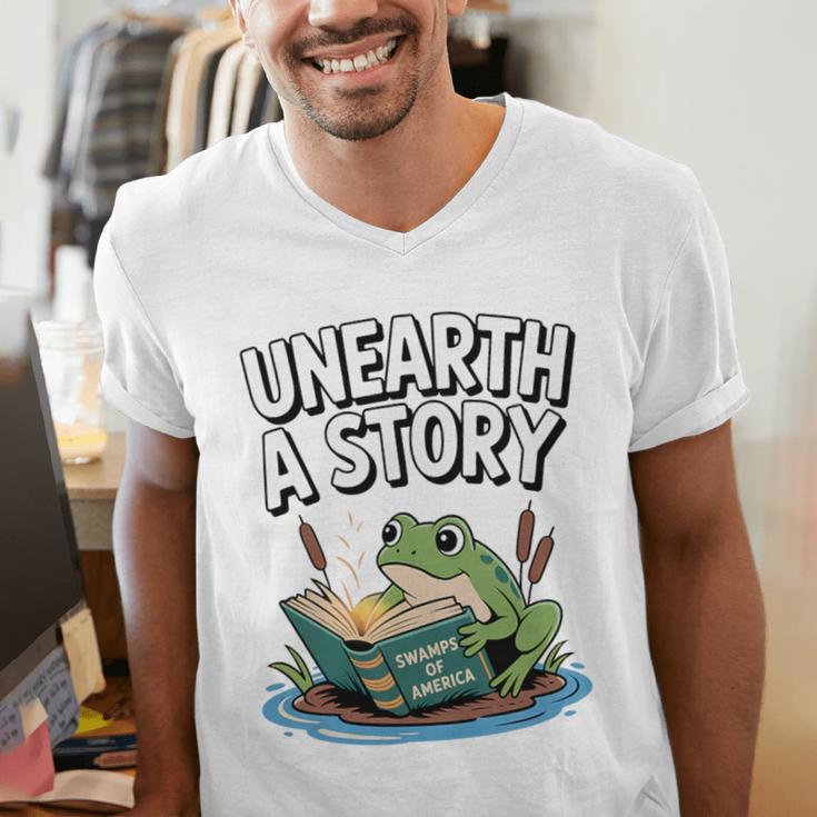 Unearth a Story Frog Reading a Book Summer 2026 Premium Tri-Blend Men's V-Neck T-Shirt