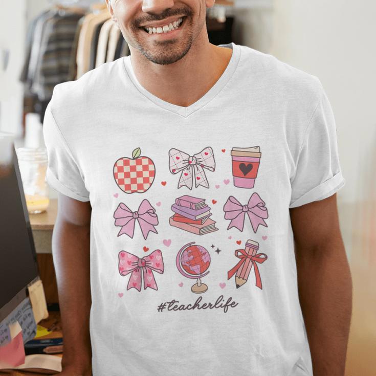 Valentine Teacher Cute Bows Apple Globe Pencil Books Art Men's V-Neck T-Shirt Valentine Teacher Cute Bows Apple Globe Pencil Books Art Men's V-Neck T-Shirt