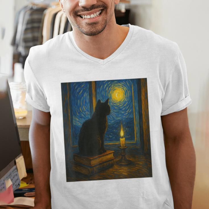 Van Gogh Starry Night Art Cat And Book Lovers Men's V-Neck T-Shirt Van Gogh Starry Night Art Cat And Book Lovers Men's V-Neck T-Shirt