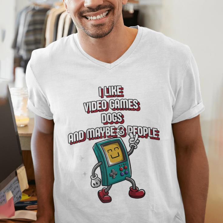 I Like Video Games Dogs And Maybe 3 People Gamer Introvert Raglan Baseball Tee Men's V-Neck T-Shirt I Like Video Games Dogs And Maybe 3 People Gamer Introvert Raglan Baseball Tee Men's V-Neck T-Shirt