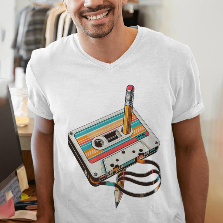 Vintage Cassette Tape And Pencil Nostalgia Party 70s 80s 90s Premium Men's V-Neck T-Shirt Vintage Cassette Tape And Pencil Nostalgia Party 70s 80s 90s Premium Men's V-Neck T-Shirt
