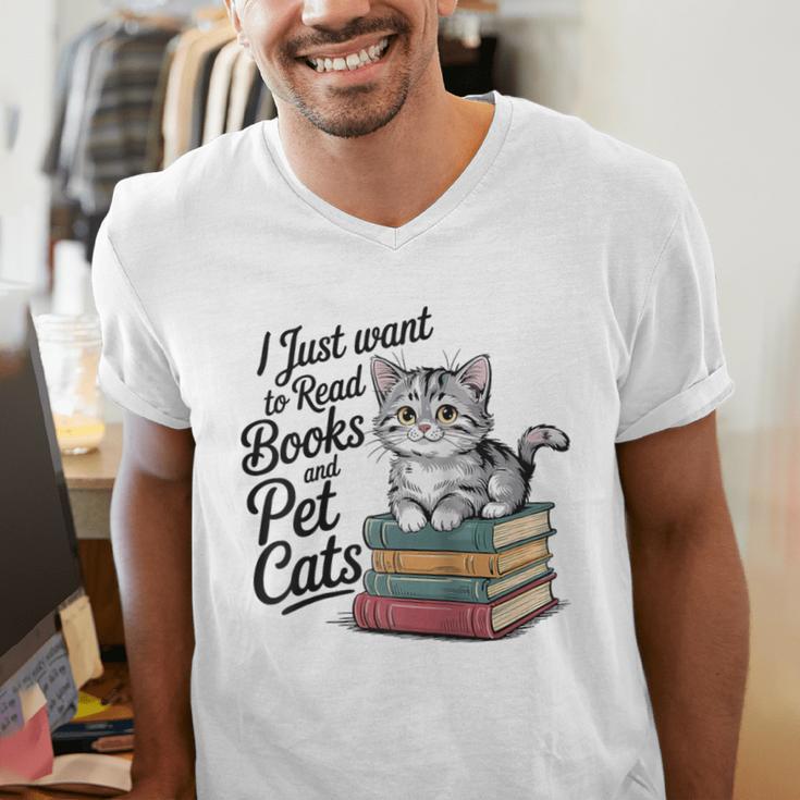 Vintage I Just Want To Read Books And Pet Cats Cat Raglan Baseball Tee Men's V-Neck T-Shirt Vintage I Just Want To Read Books And Pet Cats Cat Raglan Baseball Tee Men's V-Neck T-Shirt