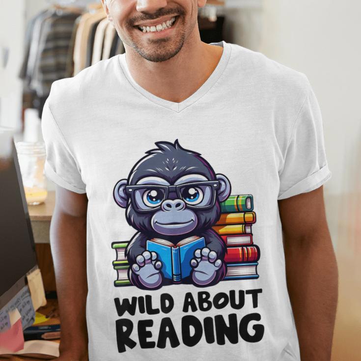 Wild About Reading Book Lover Gorilla Men's V-Neck T-Shirt