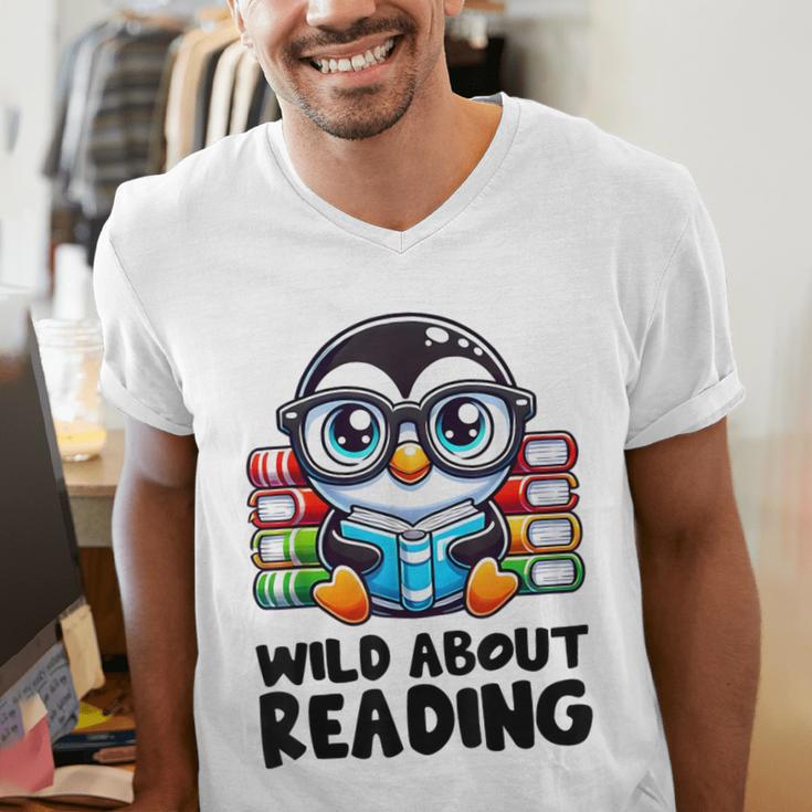 Wild About Reading Book Lover Penguin Men's V-Neck T-Shirt Wild About Reading Book Lover Penguin Men's V-Neck T-Shirt