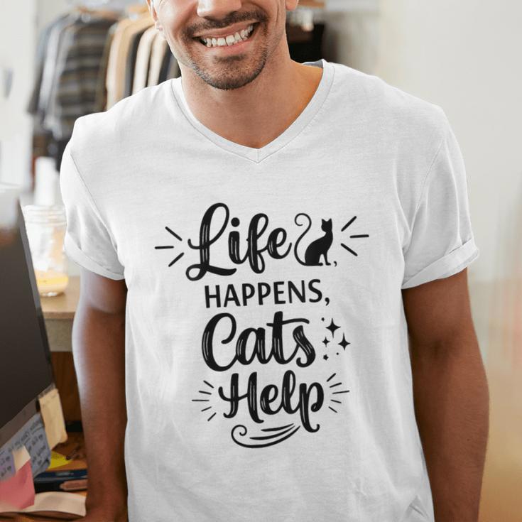 Women's Life Happens Cats Help Cat Lover Cat Moms Cat Dads Men's V-Neck T-Shirt
