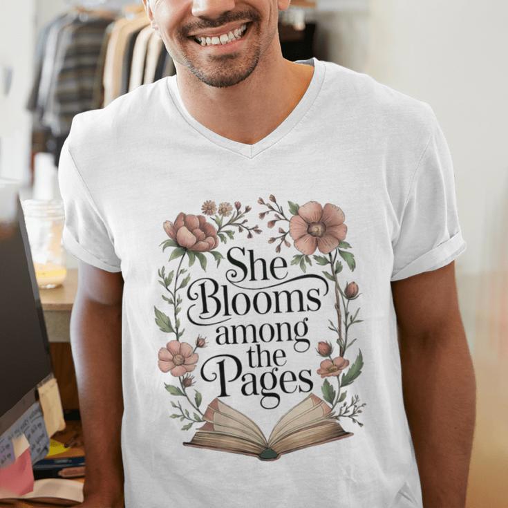 Women's She Blooms Among The Pages Women Mom Wife Floral Book Lover Men's V-Neck T-Shirt