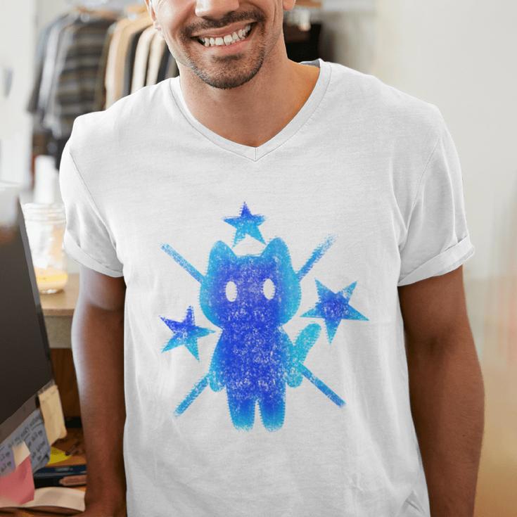 Yk2 Grunge Earthy Blue Cat With Stars Tomboy 90s Nostalgia Men's V-Neck T-Shirt Yk2 Grunge Earthy Blue Cat With Stars Tomboy 90s Nostalgia Men's V-Neck T-Shirt