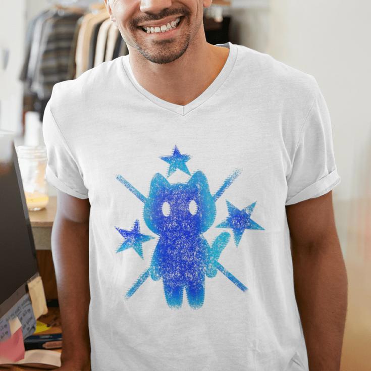Yk2 Grunge Earthy Blue Cat With Stars Tomboy 90s Nostalgia Premium Tri-Blend Men's V-Neck T-Shirt