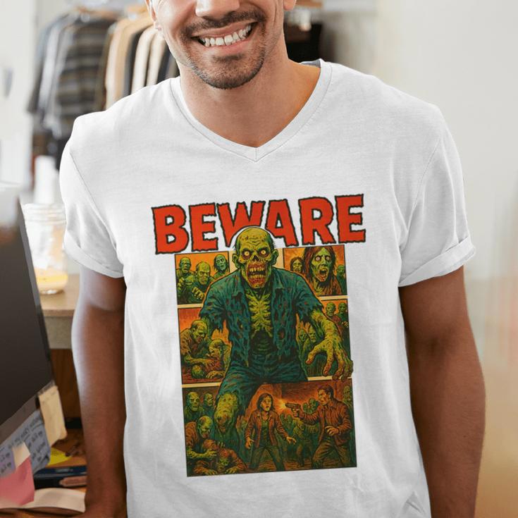 Zombie Tee Horror Movie Poster Vintage Comic Book Graphic Premium Men's V-Neck T-Shirt