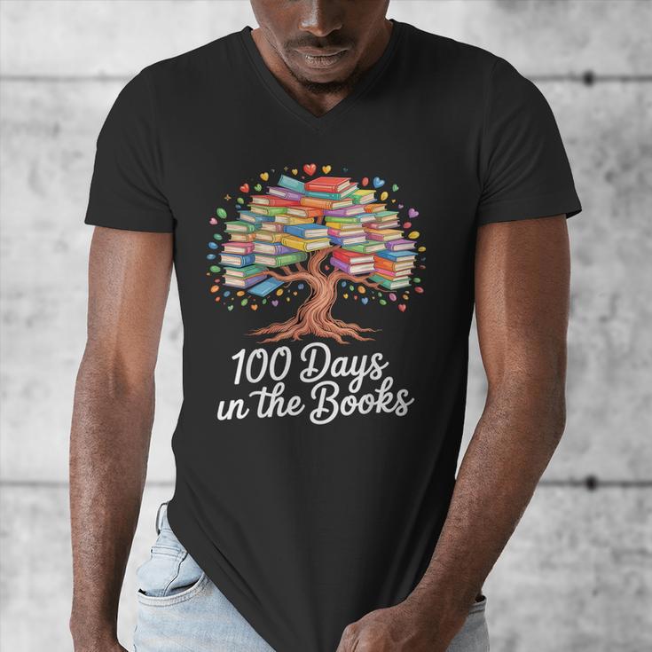 100th Day Of School Books Tree Reading Men's V-Neck T-Shirt