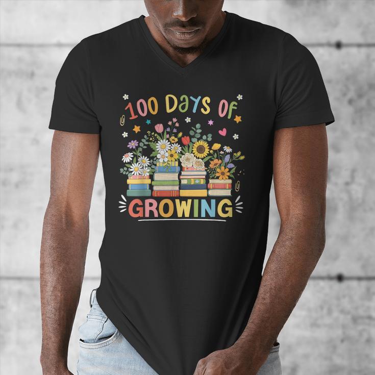 100th Day Of School Teacher Floral Books 100 Days Of Growing Men's V-Neck T-Shirt