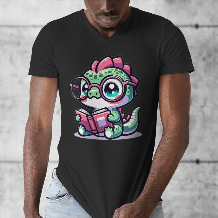 Adorable Book Lover Basilisk With Reading Glasses Cute Men's V-Neck T-Shirt