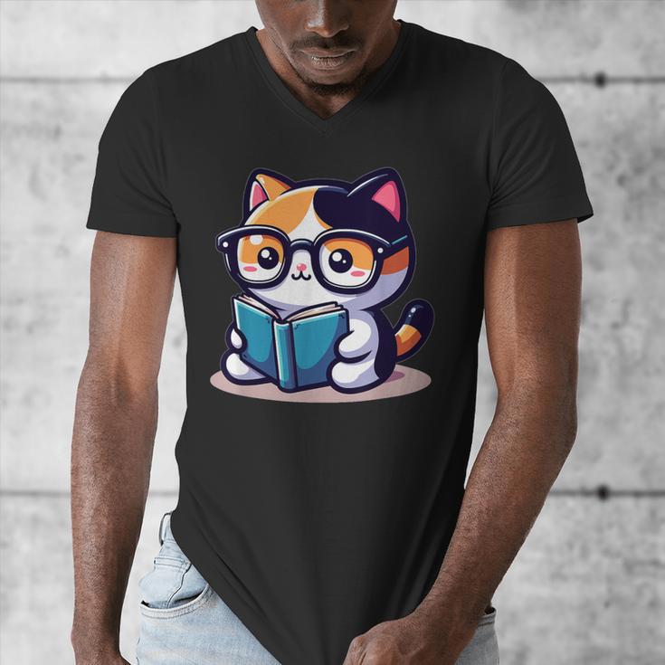 Adorable Book Lover Calico Cat With Reading Glasses Cute For Men Women Kids Men's V-Neck T-Shirt