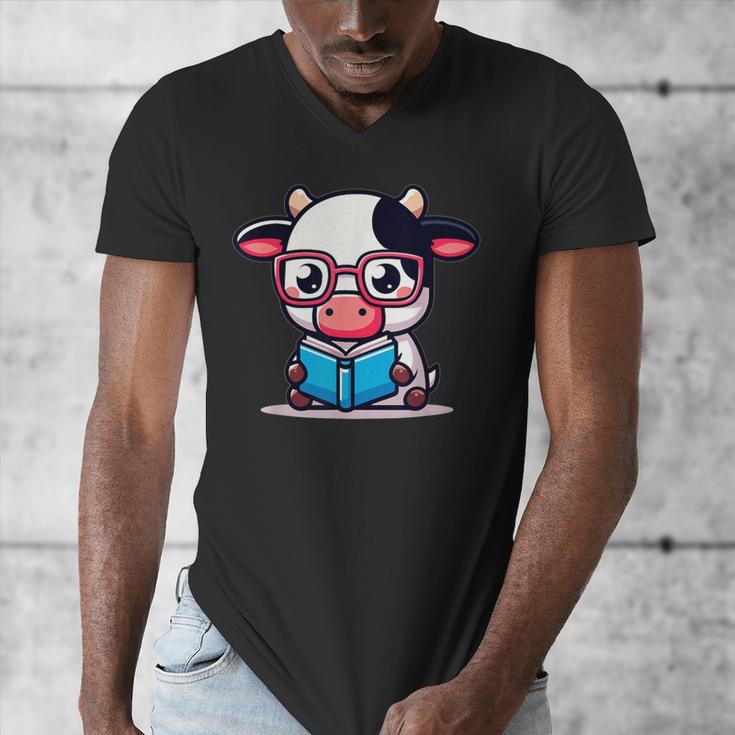 Adorable Book Lover Cow With Reading Glasses Cute Men's V-Neck T-Shirt