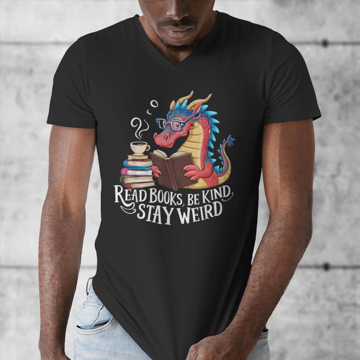 Adorable Book Lover Dragon Read Books Be Kind Stay Weird Men's V-Neck T-Shirt