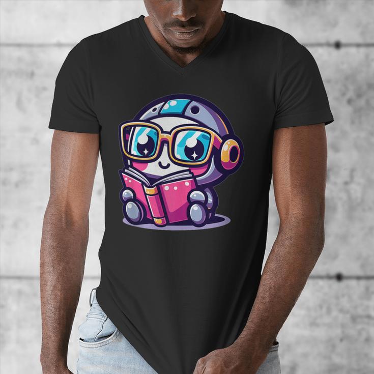 Adorable Book Lover Robot With Reading Glasses Cute Men's V-Neck T-Shirt