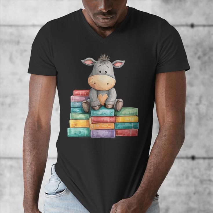 Adorable Donkey With Heart Sitting On Colorful Book Stack Men's V-Neck T-Shirt