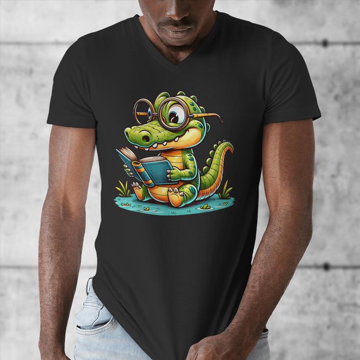 Alligator Reading a Book Animal Men's V-Neck T-Shirt Alligator Reading a Book Animal Men's V-Neck T-Shirt