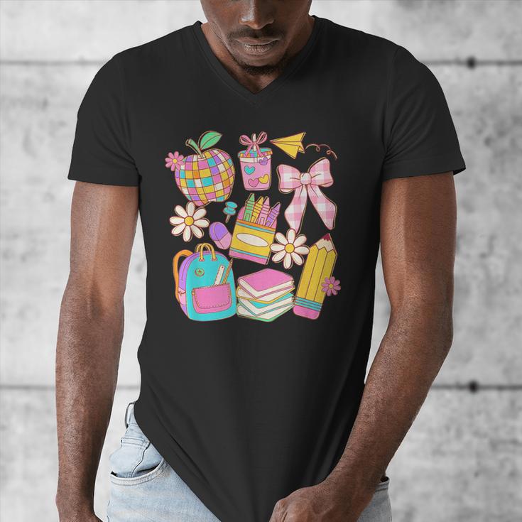 Apple Disco Pencil Books Bow Teacher Student Back To School Men's V-Neck T-Shirt