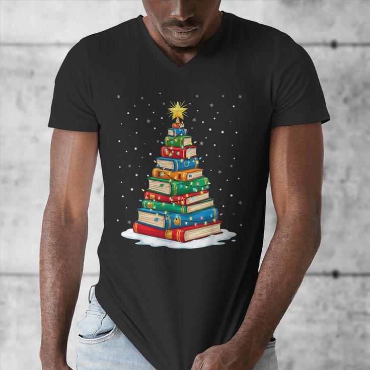 Book Christmas Tree Xmas Lights Book Lover Teacher Librarian Men's V-Neck T-Shirt