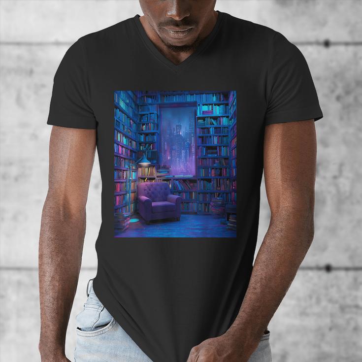 Book Library Bookshelf Armchair Window Pattern Print Men's V-Neck T-Shirt