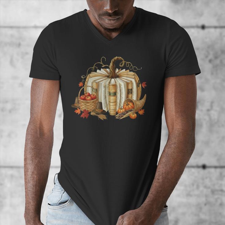 Book Pumpkin Fall Reading Thanksgiving Teacher Librarian Men's V-Neck T-Shirt
