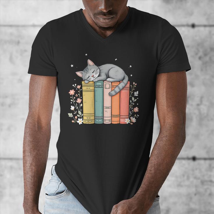 Books Lover Cute Sleepy Cat Relax Reading Vibe Men's V-Neck T-Shirt Books Lover Cute Sleepy Cat Relax Reading Vibe Men's V-Neck T-Shirt