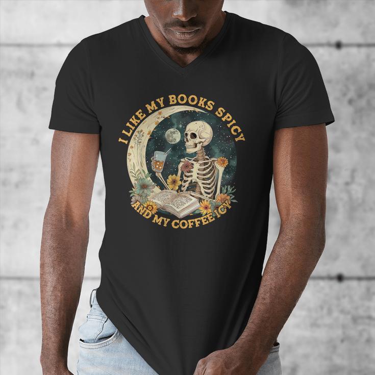I Like My Books Spicy & My Coffee Icy Skeleton Read Book Men's V-Neck T-Shirt