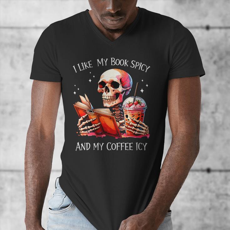 I Like My Books Spicy And My Coffee Icy Skeleton Men's V-Neck T-Shirt I Like My Books Spicy And My Coffee Icy Skeleton Men's V-Neck T-Shirt