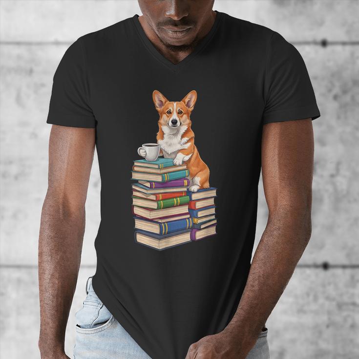 Bookworm Corgi Reading Books Drinking Coffee Dog Lover Men's V-Neck T-Shirt Bookworm Corgi Reading Books Drinking Coffee Dog Lover Men's V-Neck T-Shirt