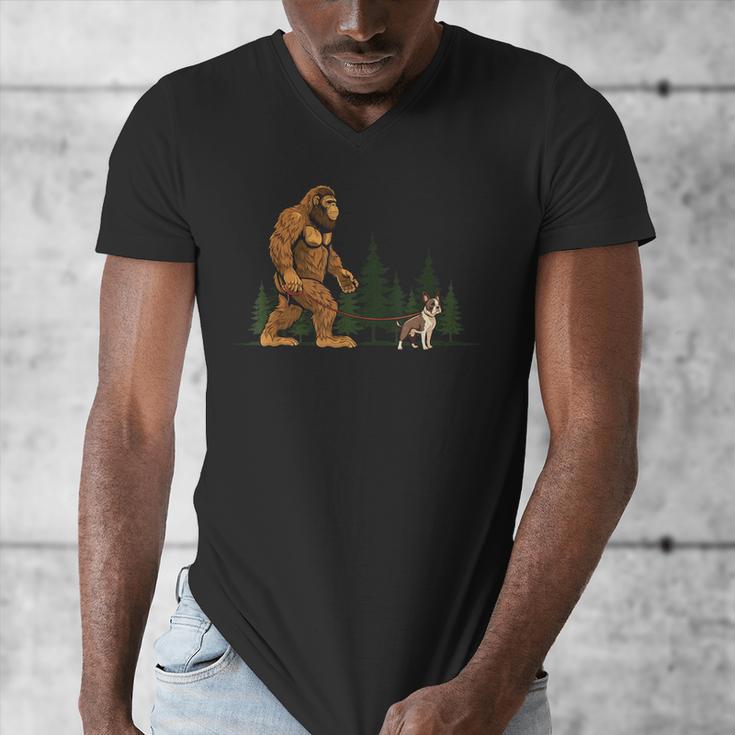Boston Terrier Bigfoot Dog Walking Dog Mom Dad Kids Men's V-Neck T-Shirt