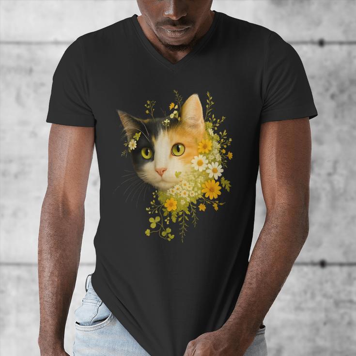 Calico Cat With Flowers For Mom Dad Women Men Kids Botanical Men's V-Neck T-Shirt
