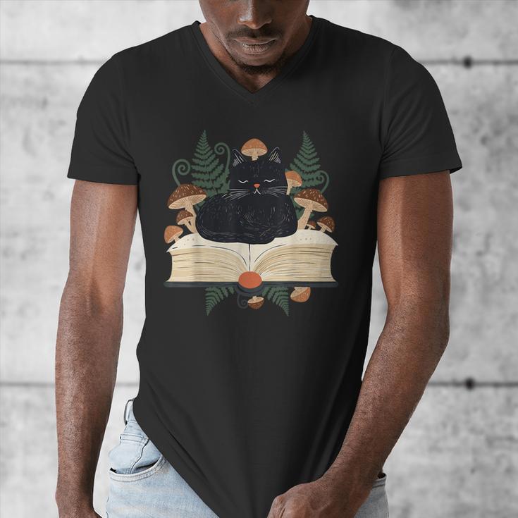 Cat On Open Book Mushrooms Ferns Dark Academia Men's V-Neck T-Shirt
