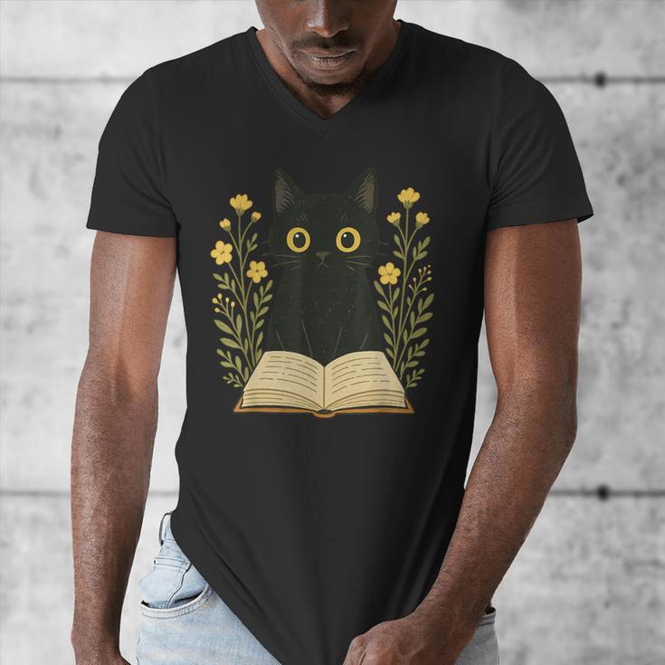 Cat Reading Book Flowers Men's V-Neck T-Shirt