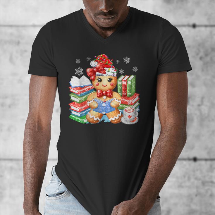 Christmas Gingerbread Man Reading Book Snowflake Teacher Men's V-Neck T-Shirt