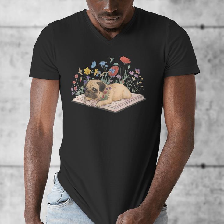 Color Floral Cute Pug Dog On Book Reading Bookworm Reader Men's V-Neck T-Shirt Color Floral Cute Pug Dog On Book Reading Bookworm Reader Men's V-Neck T-Shirt