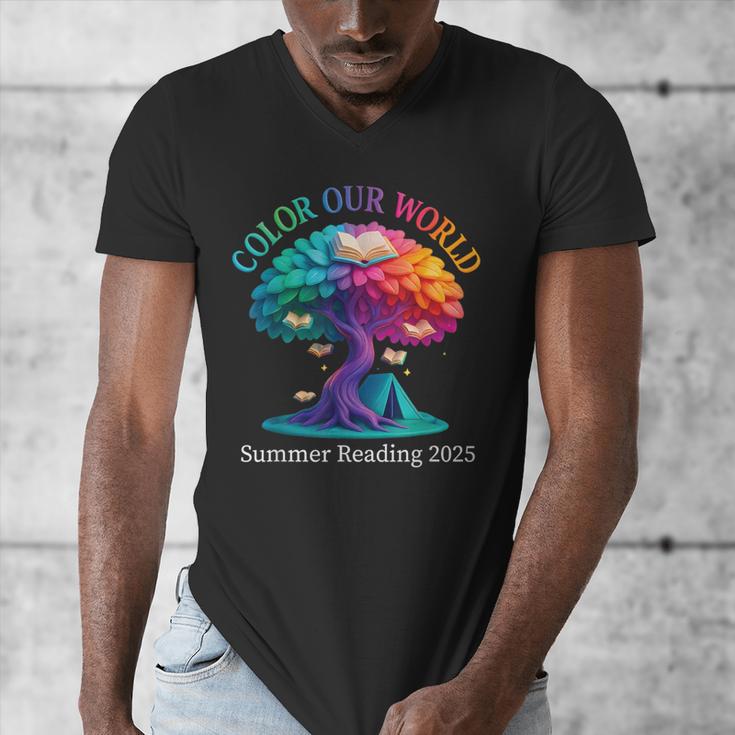 Color Our World Summer Reading 2025 Tree Book Lover Camping Men's V-Neck T-Shirt