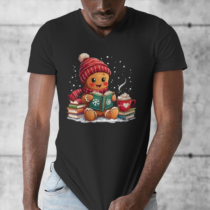 Cozy Gingerbread Christmas Reading Book Xmas Snowflakes Fall Men's V-Neck T-Shirt