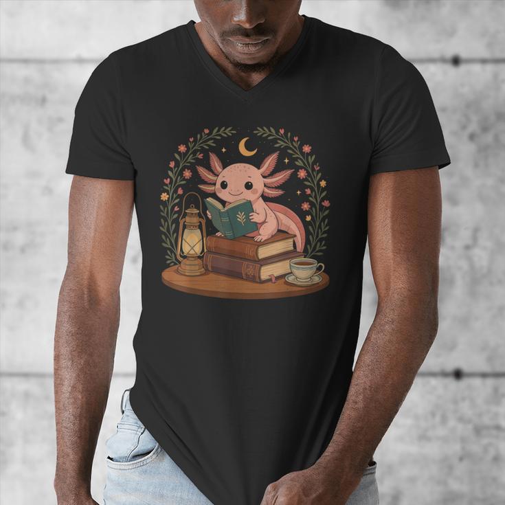 Cute Axolotl Reading Books Cozy Bookworm Men's V-Neck T-Shirt