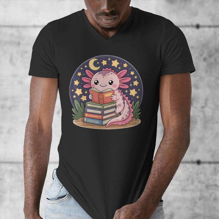 Cute Axolotl Reading Books Cozy Night Aesthetic Men's V-Neck T-Shirt