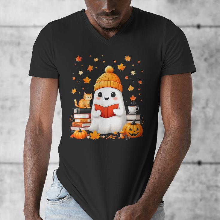 Cute Beanie Ghost Bookworm Cozy Book Reading Halloween Men's V-Neck T-Shirt