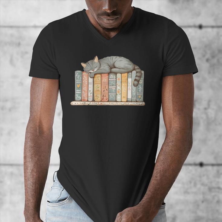Cute Cat Sleeping On Books Men's V-Neck T-Shirt Cute Cat Sleeping On Books Men's V-Neck T-Shirt