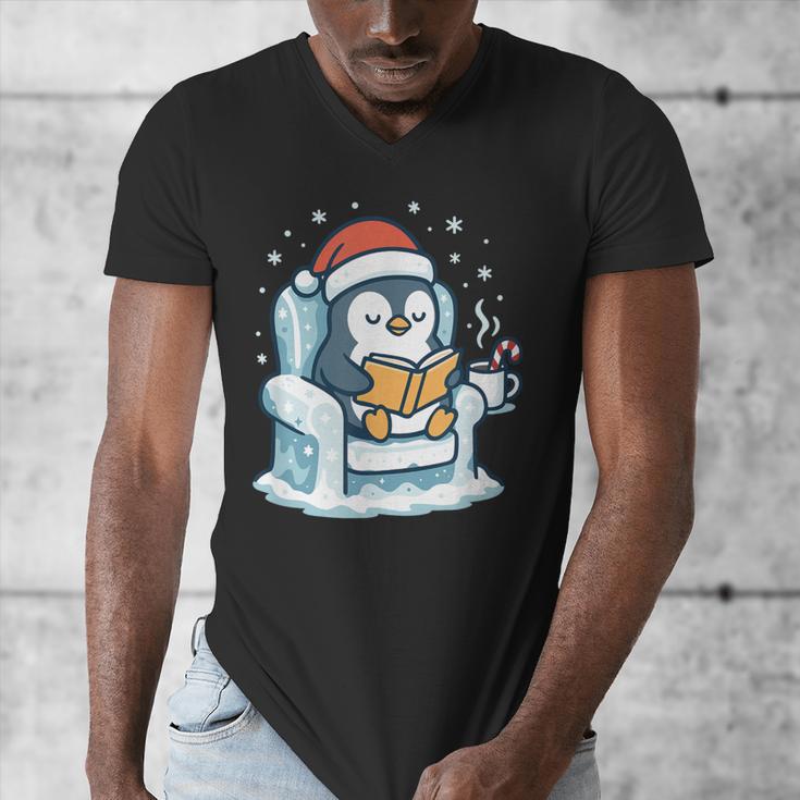 Cute Christmas Penguin Reading Book Cozy Winter Holiday Art Men's V-Neck T-Shirt