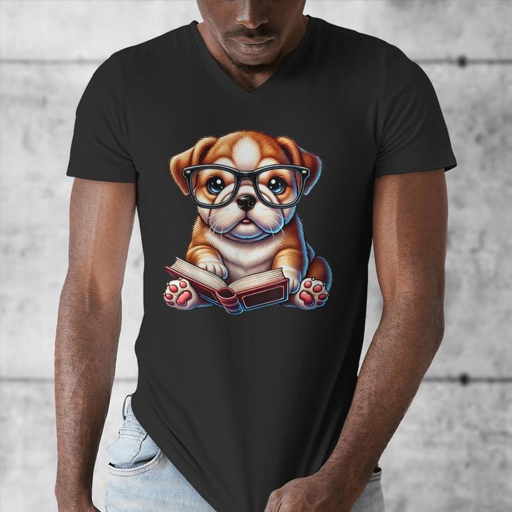 Cute Dog Puppy English Bulldog Reading Book Men's V-Neck T-Shirt Cute Dog Puppy English Bulldog Reading Book Men's V-Neck T-Shirt